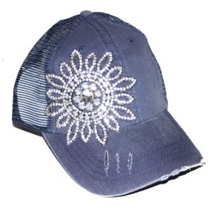 Trucker Navy Blue Bling Flower Cap Olive & Pique